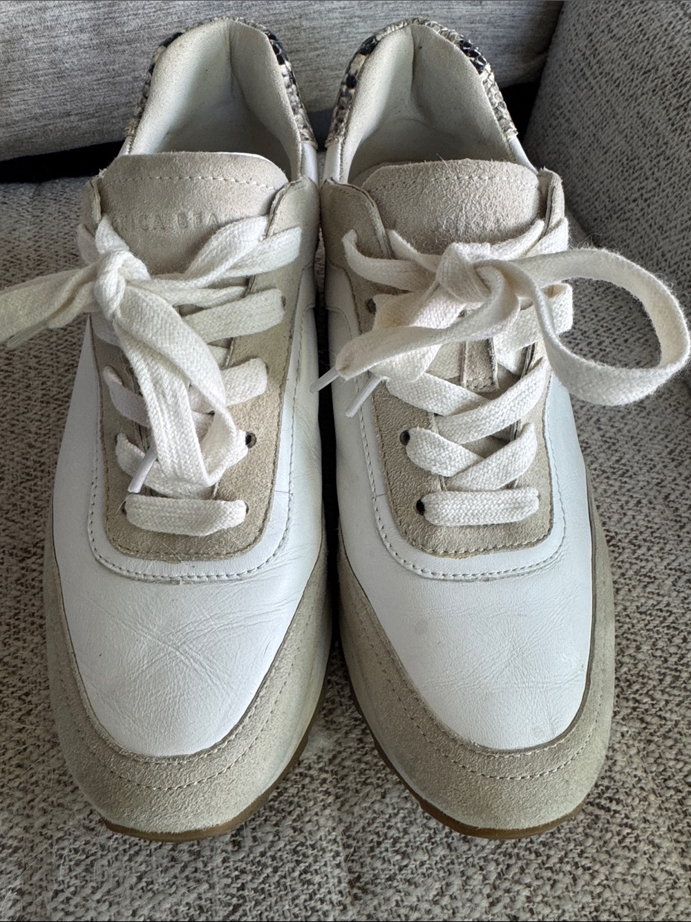 Veronica Beard White and Beige Lace-Up Sneakers